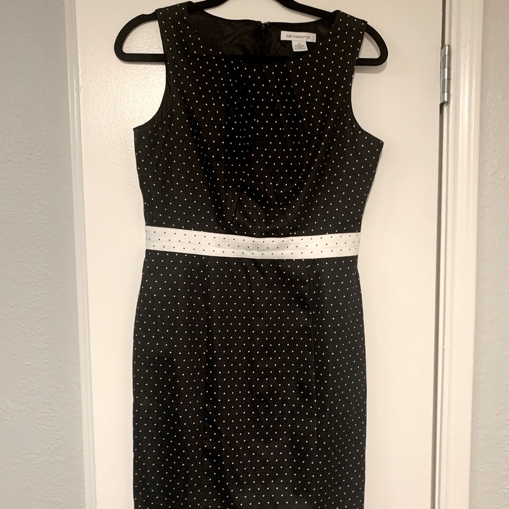 Black & White Liz Claiborne Polkadot Dress with Pleated Neck Detail, size 6